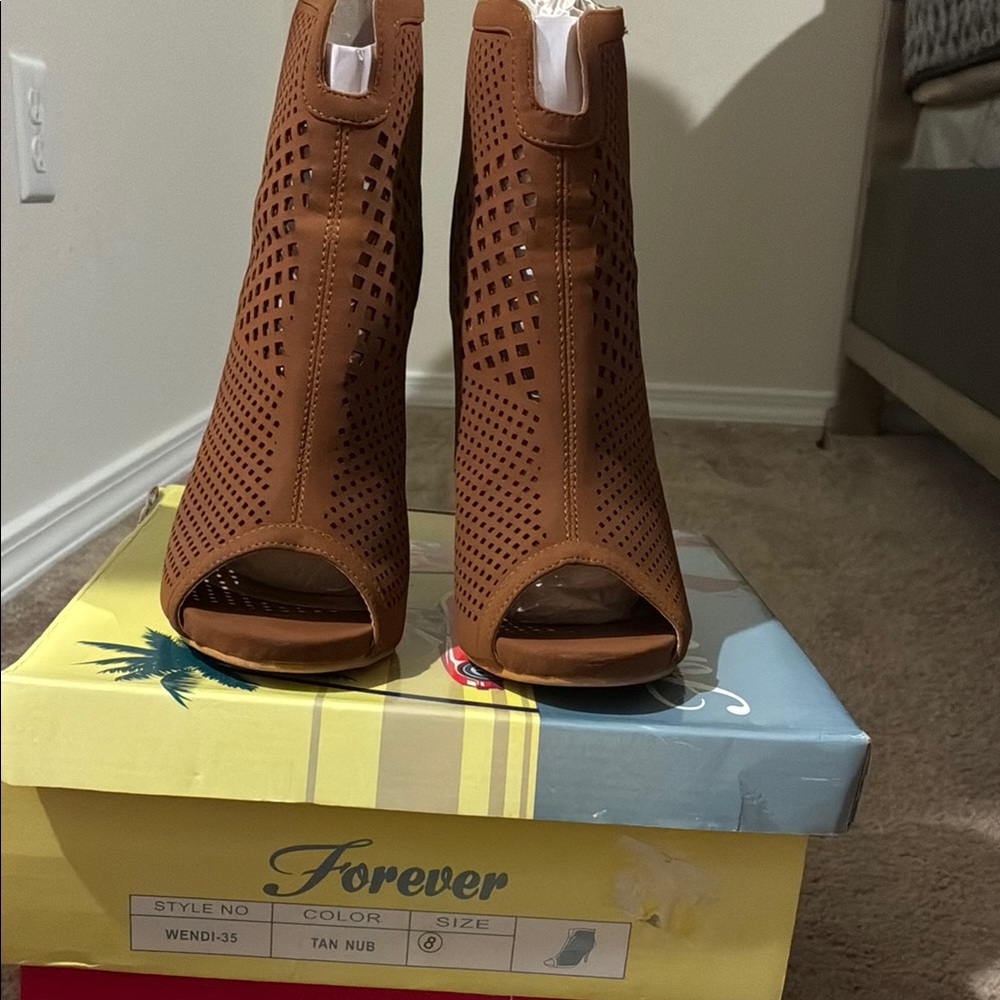 Forever 21 Tan Nub Heeled Boots with Perforated Design